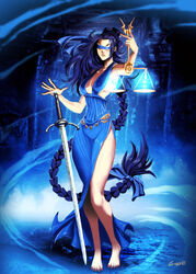  barefoot blindfold blue_hair breasts cleavage closed_mouth commentary dress english_commentary facing_viewer female full_body genzoman greek_mythology holding_scale large_breasts legs lips long_hair mitos_y_leyendas photoshop_(medium) solo standing sword themis_(mythology) very_long_hair weapon weighing_scale 