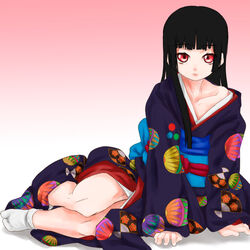  arm_support bad_id bad_pixiv_id bare_shoulders black_hair blunt_bangs commentary_request enma_ai female hime_cut japanese_clothes jigoku_shoujo kimono legs_folded long_hair purple_kimono red_eyes scharfschutze solo tabi 