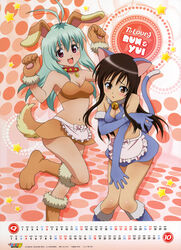  2girls absurdres animal_ears bell brown_hair calendar_(medium) cat_ears collar dog_ears elbow_gloves gloves green_hair highres kotegawa_yui maid multiple_girls neck_bell run_elsie_jewelria tail taketani_kyouko to_love-ru 