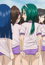  6+girls adjusting_buruma adjusting_clothes akimoto_komachi blue_hair buruma from_behind green_eyes green_hair gym_uniform hairband long_hair minazuki_karen multiple_girls natsuhina precure shirt_tug yes!_precure_5 