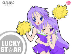  2girls cheerleader clannad commentary_request company_connection cosplay crossover fujibayashi_kyou fujibayashi_ryou hiiragi_kagami hiiragi_tsukasa hug kyoto_animation long_hair lucky_star multiple_girls one_eye_closed photoshop_(medium) pom_pom_(cheerleading) rakisana siblings sisters tongue twins 