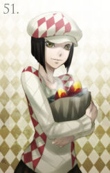  argyle_background argyle_clothes argyle_sweater bag black_hair cabbie_hat carrying commentary_request female food hat looking_at_viewer original short_hair solo sweater sweet_potato yellow_eyes zou_azarashi 