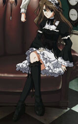  anime_screenshot belt black_dress bow brown_hair dress female frilled_skirt frills fujimura_yuzuki goth_fashion gothic_lolita green_eyes kneehighs lace lolita_fashion long_hair long_legs long_sleeves myself_yourself skirt socks solo stitched third-party_edit 