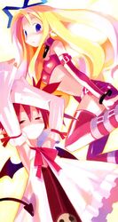  2girls angel bat_wings blonde_hair blue_eyes bow choker collar cosplay costume_switch demon_girl detached_sleeves disgaea earrings elbow_gloves etna_(disgaea) etna_(disgaea)_(cosplay) flat_chest flonne flonne_(cosplay) gloves harada_takehito highres jewelry long_hair makai_senki_disgaea multiple_girls official_art photoshop_(medium) pink_hair pointy_ears red_eyes smile smirk tail wings 