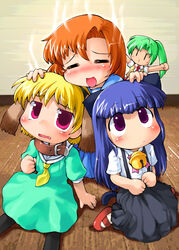  4girls animal_ears bell blonde_hair blue_hair blush cat_ears chibi closed_eyes collar commentary_request dog_ears furude_rika green_hair green_skirt higurashi_no_naku_koro_ni houjou_satoko long_hair multiple_girls neck_bell oerba_yun_fang orange_hair pantyhose pink_eyes purple_eyes ryuuguu_rena sakurabe_notos short_hair skirt sonozaki_mion steam take_it_home 