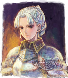  armor bad_id bad_pixiv_id braid chris_lightfellow earrings female french_braid gensou_suikoden gensou_suikoden_iii hair_bun jewelry meccol single_hair_bun solo white_hair 