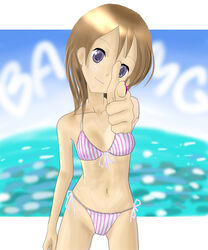  bikini blue_eyes brown_hair commentary_request female finger_gun highres naname_(nanameue) original pointing short_hair solo swimsuit 