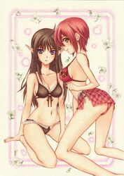  2girls ahoge bikini blush breasts brown_eyes brown_hair cleavage commentary_request kneeling long_hair medium_breasts multiple_girls navel pointy_ears purple_eyes red_hair sakikuro seena_kanon shining_(series) shining_wind short_hair sideboob swimsuit xecty_ein 