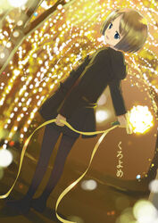  blue_eyes brown_hair female kazuto_izumi legs lights original pantyhose photoshop_(medium) ribbon short_hair solo 