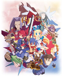  3girls 6+boys baal_(disgaea) blonde_hair blue_hair boots bow brown_hair carter_(disgaea) demon demon_girl disgaea earrings etna_(disgaea) flonne gloves gordon_(disgaea) green_hair grey_hair harada_takehito heart hoggmeister_(disgaea) jennifer_(disgaea) jewelry kurtis_(disgaea) laharl lamington_(disgaea) maderas_(disgaea) makai_senki_disgaea mid-boss_(disgaea) monster multiple_boys multiple_girls prinny purple_hair red_hair red_shorts shoes shorts sword thursday_(disgaea) vulcanus_(disgaea_1) weapon 