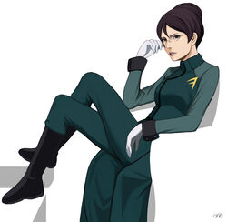  bad_id bad_pixiv_id brown_eyes brown_hair female glasses gloves gundam gundam_00 itori_(clarice_note) kati_mannequin military military_uniform mole mole_under_mouth sitting solo uniform 