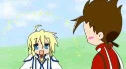  1boy animated animated blonde_hair blue_eyes colette_brunel female lloyd_irving long_hair lowres lucky_star open_mouth paffendorf parody red_shirt shirt style_parody tales_of_(series) tales_of_symphonia 