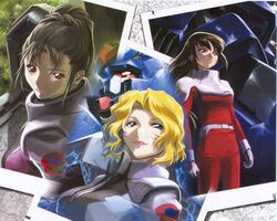  3girls artist_request blonde_hair blue_eyes brown_hair cgue_deep_arms forbidden_gundam gundam gundam_msv gundam_seed highres jane_houston lipstick long_hair makeup mecha multiple_girls pilot_suit ponytail purple_eyes red_eyes rena_imelia robot scan shiho_hahnenfuss 