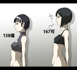  2girls bare_shoulders black_hair blue_eyes blunt_ends bottomless breath commentary hairband letterboxed lowres multiple_girls original short_hair sleeveless sleeveless_turtleneck translated turtleneck yellow_eyes zou_azarashi 