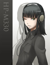  black_hair black_shirt blunt_bangs commentary_request dress_shirt female headphones medium_hair one_eye_closed original shadow shirt sidelocks solo upper_body yellow_eyes zou_azarashi 