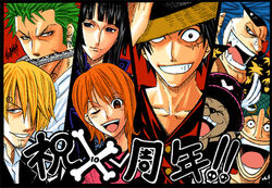  2girls 6+boys black_hair blonde_hair blue_hair cigarette colorized curly_eyebrows earrings everyone eyewear_on_head franky_(one_piece) green_hair grin hair_over_one_eye hat jewelry long_nose male_focus monkey_d._luffy multiple_boys multiple_girls nami_(one_piece) nico_robin one_eye_closed one_piece orange_hair roronoa_zoro sanji_(one_piece) scar smile smoking straw_hat straw_hat_pirates sunglasses third-party_edit tony_tony_chopper usopp watsuki_nobuhiro 