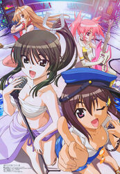  4girls absurdres bandages black_hair breasts brown_eyes brown_hair choker cleavage earrings edomae_lunar elbow_gloves gloves guitar hat highres imageboard_desourced instrument jewelry long_hair magazine_scan medium_breasts megami_magazine microphone microphone_stand morita_kazuaki multiple_girls non-web_source official_art one_eye_closed photoshop_(medium) pink_eyes pink_hair ponytail purple_eyes sarashi scan seto_no_hanayome seto_sun shiranui_akeno short_hair thighhighs twintails very_long_hair zenigata_mawari 