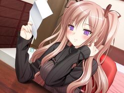  blush dutch_angle female game_cg imageboard_desourced kani_biimu konayuki_fururi letter long_sleeves matsushima_koyuki non-web_source pink_hair purple_eyes reading ruffling_hair solo twintails 