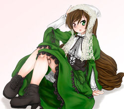  bad_id bad_pixiv_id bloomers brown_hair doll_joints dress female hairband heterochromia joints long_hair rozen_maiden scharfschutze shoes solo suiseiseki underwear 