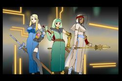  3girls agrias_oaks blonde_hair brown_hair commentary_request dark-skinned_female dark_skin dress final_fantasy final_fantasy_tactics headband long_hair meliadoul_tengille misairu_oppai multiple_girls purple_eyes rapha_galthena red_eyes ribbon robe short_hair staff sword weapon 