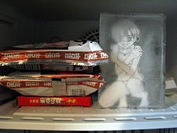  bra commentary_request female food freezer frozen ice_block in_container in_refrigerator lingerie mapo_tofu monochrome panties paper_child papercraft_(medium) photo_(medium) refrigerator sasaki_yukinojou solo unconventional_media underwear underwear_only 