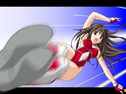  black_hair brown_eyes female gloves hair_intakes imageboard_desourced kicking knee_pads leotard letterboxed long_hair memories_off memories_off_2nd non-web_source red_leotard shirakawa_shizuru solo wrestler 