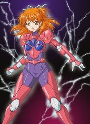  anice_farm armor bad_link bodysuit bow chouon_senshi_borgman electricity female hairbow half_updo lightning okiyumi_kase orange_eyes orange_hair photoshop_(medium) power_armor solo 