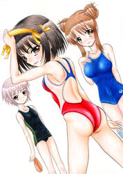  3girls asahina_mikuru ass black_one-piece_swimsuit commentary_request competition_swimsuit dutch_angle hairband hidaka_medaka highres multiple_girls nagato_yuki one-piece_swimsuit orange_hairband school_swimsuit suzumiya_haruhi suzumiya_haruhi_no_yuuutsu swim_cap swimsuit traditional_media 