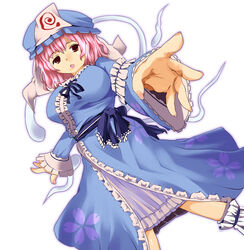  blue_kimono breasts commentary_request female ghost hat hitodama japanese_clothes kimono large_breasts long_sleeves looking_at_viewer mob_cap pink_eyes pink_hair saigyouji_yuyuko sasago_kaze short_hair simple_background solo touhou triangular_headpiece white_background 