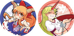  2girls cup horns hoshiguma_yuugi ibuki_suika masu_gitsune multiple_girls sakazuki single_horn star_(symbol) touhou 