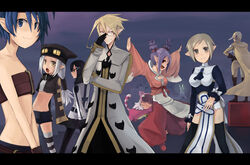  2boys 6+girls adjusting_eyewear animal_costume archer_(disgaea) arms_behind_back asagiri_asagi bandeau belt black_hair black_thighhighs blonde_hair blue_eyes blue_hair boots breasts brooch cape cat_costume cleavage cleavage_cutout clothing_cutout coat commentary_request disgaea everyone female_brawler_(disgaea) female_warrior_(disgaea) flat_chest glasses gloves grey_eyes grey_hair hair_ornament hairclip hand_on_own_hip hat helmet hug hug_from_behind jewelry kaida_michi letterboxed loincloth long_hair magic_knight_(disgaea) makai_senki_disgaea_3 masked_hero_(disgaea) medium_breasts midriff multiple_boys multiple_girls nippon_ichi open_mouth outstretched_arms pantyhose pointy_ears ponytail purple_hair ranger_(disgaea) saber_kitty_(disgaea) short_shorts short_twintails shorts small_breasts smile spread_arms strapless striped_clothes striped_thighhighs thief_(disgaea) thighhighs trench_coat tube_top turtleneck twintails yellow_eyes zettai_ryouiki 