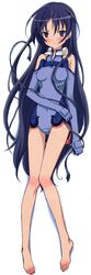  absurdres alternate_hairstyle bare_shoulders barefoot blue_eyes blue_gloves blue_hair blue_leotard blush body_blush breasts dakimakura_(medium) elbow_gloves female from_above full_body gloves hair_down halterneck highres holding ichijou_eika iizuka_haruko knees_together_feet_apart leotard light_smile long_hair long_legs looking_at_viewer lying motion_slit official_art on_back parted_bangs pilot_suit ribbon scan shadow simple_background sky_girls slim_legs small_breasts smile solo thigh_gap turtleneck unzipped very_long_hair white_background zipper 