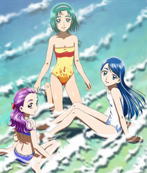  3girls akimoto_komachi aqua_eyes aqua_hair barefoot beach bikini blue_eyes blue_hair day eyelashes green_eyes green_hair long_hair milk_(yes!_precure_5) mimino_kurumi minazuki_karen multiple_girls natsuhina ocean one-piece_swimsuit precure purple_eyes purple_hair soles swimsuit yes!_precure_5 yes!_precure_5_gogo! 