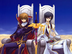  2boys absurdres artbook black_hair brown_hair cape code_geass green_eyes hat highres kimura_takahiro kururugi_suzaku lelouch_vi_britannia male_focus multiple_boys ookouchi_ricca purple_eyes sword throne weapon zero_(code_geass) 