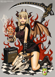  amplifier bat_wings blonde_hair checkered commentary_request demon_girl demon_tail female fingernails horns kneeling long_fingernails long_hair microphone original pointy_ears red_eyes scythe skull solo spikes tail tony_(chikaku_kabin) wings 