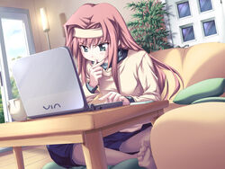  barefoot blue_eyes computer female frown fue_(tsuzuku) game_cg green_eyes headband hiiragi_natsuki hinatabokko imageboard_desourced indian_style laptop long_hair non-web_source red_hair sitting solo 