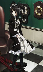  anime_screenshot black_dress black_hair dress female frilled_skirt frills goth_fashion gothic_lolita hoshino_asami lolita_fashion long_skirt myself_yourself pantyhose ribbon skirt solo stitched third-party_edit 