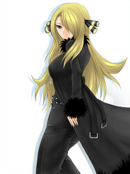  bad_id bad_pixiv_id blonde_hair cynthia_(pokemon) denim erugiza female hair_over_one_eye jacket jeans long_hair painttool_sai_(medium) pants pokemon pokemon_dppt simple_background smile solo white_background 