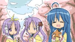  4girls ahoge cherry_blossoms clannad commentary_request company_connection cosplay fujibayashi_kyou fujibayashi_kyou_(cosplay) fujibayashi_ryou fujibayashi_ryou_(cosplay) hiiragi_kagami hiiragi_tsukasa hikarizaka_private_high_school_uniform ibuki_fuuko ibuki_fuuko_(cosplay) izumi_konata kyoto_animation lucky_star mole mole_under_eye multiple_girls natsukawa_hikari oekaki parody school_uniform siblings sisters starfish takara_miyuki twins 