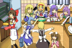  6+girls alice_margatroid baking blonde_hair blue_eyes blue_hair brown_eyes brown_hair cake cirno commentary_request cooking food hairband hakurei_reimu highres inaba_tewi kirisame_marisa kitchen_knife knife mukuroi multiple_girls pastry patchouli_knowledge purple_eyes purple_hair red_eyes reisen_udongein_inaba rumia santoku_knife short_hair touhou whisk yellow_eyes 