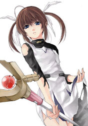  blue_eyes blush brown_hair commentary_request dutch_angle female gem kurokoeda looking_at_viewer lyrical_nanoha mahou_shoujo_lyrical_nanoha no_jacket raising_heart raising_heart_(shooting_mode) sidelocks simple_background solo staff standing takamachi_nanoha takamachi_nanoha_(original_mode) torn_clothes twintails undershirt uniform white_background 