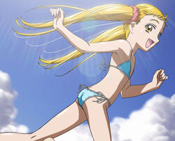  bikini blonde_hair cloud day eyelashes female flat_chest kasugano_urara_(yes!_precure_5) long_hair natsuhina precure scrunchie side-tie_bikini_bottom sky smile solo swimsuit twintails yellow_eyes yes!_precure_5 