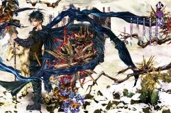  1boy a_song_of_ice_and_fire black_hair cape castle cover cover_page fantasy ghost_(a_song_of_ice_and_fire) hands_on_hilt jon_snow meguro_noriko official_art photoshop_(medium) planted planted_sword short_hair sword translation_request tree weapon wolf 