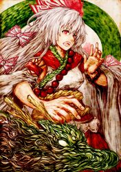  akasia alternate_costume beads commentary_request dragon eastern_dragon female fujiwara_no_mokou highres open_mouth sharp_teeth solo teeth touhou 