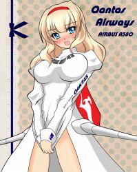  airbus_a380 australian_flag blue_eyes blush breasts commentary_request female flag hairband jun_matsu large_breasts mecha_musume personification polka_dot polka_dot_background qantas solo wrist_cuffs 