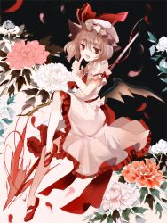  :d arm_up ascot bad_id bad_pixiv_id bat_wings brooch cierra_(ra-bit) female floral_background flower frills full_body grey_hair hat hat_ribbon jewelry leg_up mob_cap oerba_yun_fang open_mouth peony_(flower) photoshop_(medium) pink_flower puffy_short_sleeves puffy_sleeves red_eyes red_flower red_footwear remilia_scarlet ribbon shirt shoes short_hair short_sleeves skirt skirt_set smile solo spear_the_gungnir touhou white_flower wings 