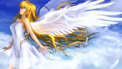  air_(visual_novel) angel_wings bare_arms blonde_hair blue_eyes blue_sky breasts cloud day dress feathered_wings feathers female floating_hair from_side hair_down hair_ribbon highres kamio_misuzu kawakami_tomoko long_hair looking_up medium_breasts mutsuki_(moonknives) photoshop_(medium) profile ribbon see-through sky sleeveless sleeveless_dress smile solo sundress transparent very_long_hair white_dress wings 