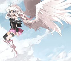  angel_wings asymmetrical_legwear bad_id bad_pixiv_id bare_shoulders blue_eyes boots braid endou_chihiro feathered_wings female highres ia_(vocaloid) long_hair single_thighhigh skirt solo thigh_strap thighhighs twin_braids uneven_legwear vocaloid white_hair white_wings wings 