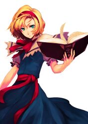  alice_margatroid blonde_hair blue_eyes book capelet commentary_request dress female grimoire grimoire_of_alice hairband highres short_hair simple_background solo totteri touhou 