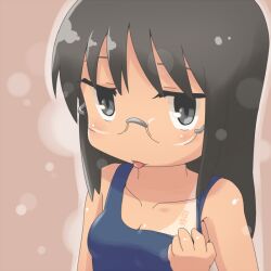  :p black_eyes black_hair blush commentary_request copyright_name female glasses minakami_mai nichijou one-piece_swimsuit solo swimsuit tan tanlines tomboo tongue tongue_out 